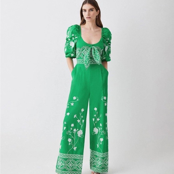 Karen Millen Pants - Karen Millen Green Embroidered Puff-Sleeve Jumpsuit size 10